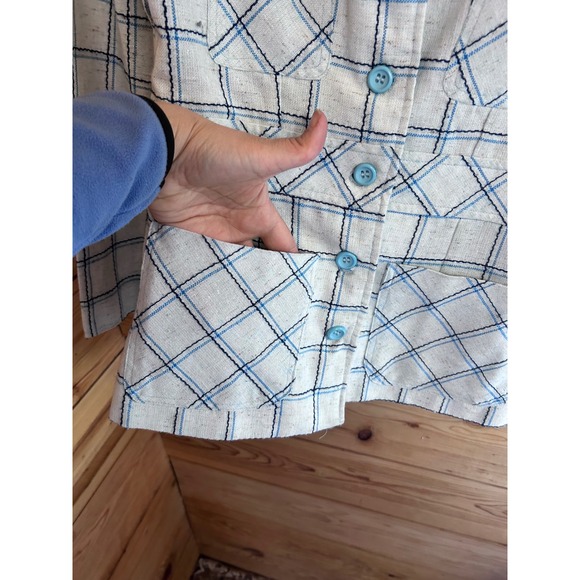 Vintage Plaid Linen Blazer Blue White Windowpane Check Tailored Jacket Handmade - Picture 6 of 11